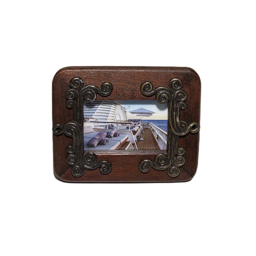 VTG Dark Wood Tabletop Photo Frame with Ornate Metal Scroll Corners Easel Stand